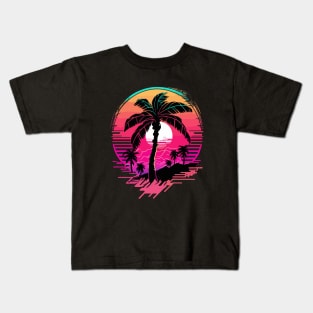 Synthwave Glitch Island Sunset Synth Aesthetic Silhouette Kids T-Shirt